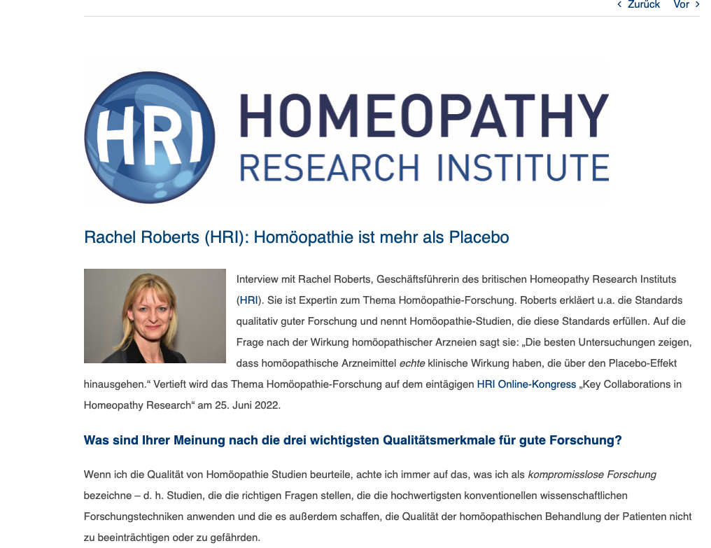 Rachel Roberts (HRI): Homöopathie ist mehr als Placebo