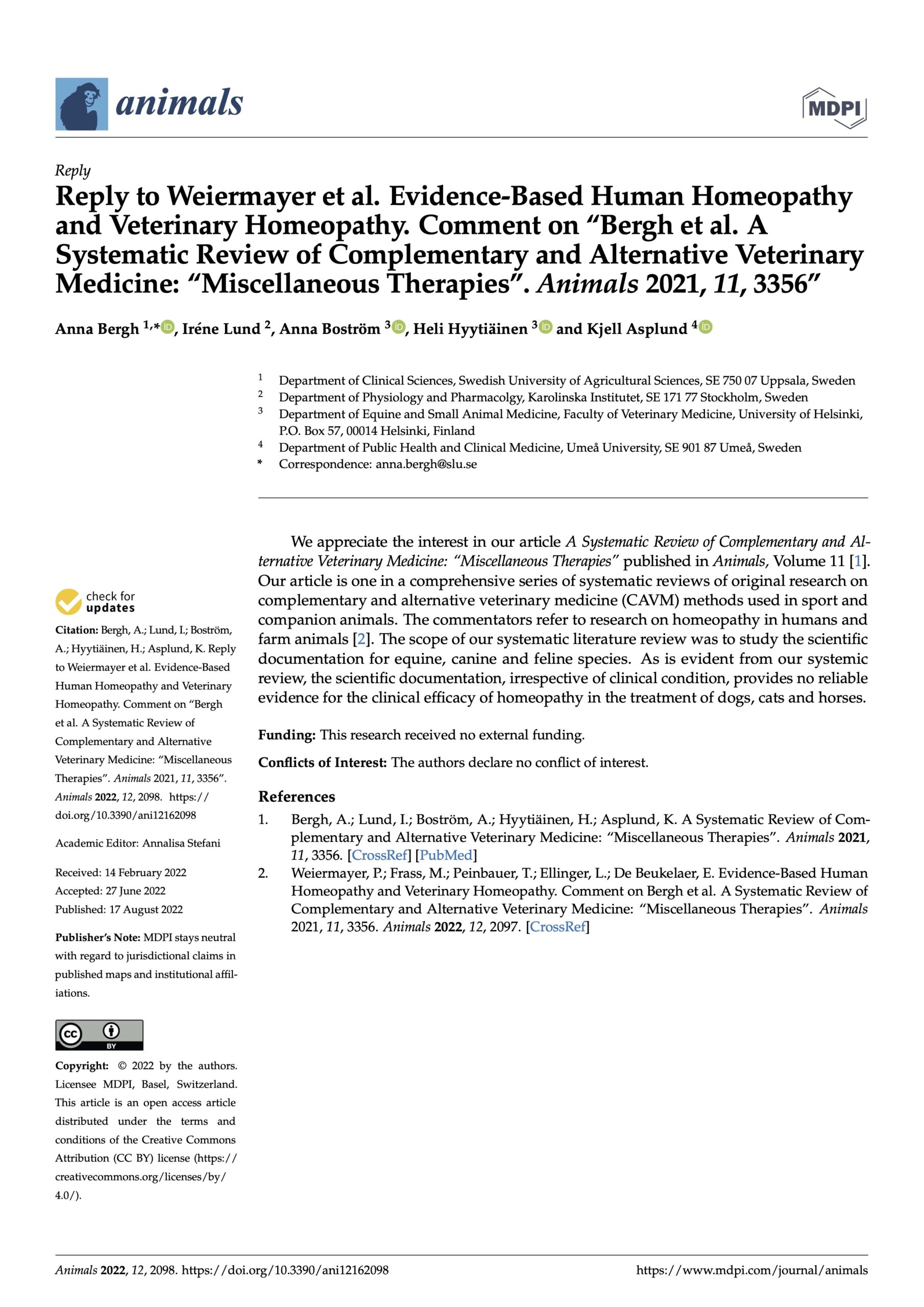 Miscellaneous Therapies, Journal Animals