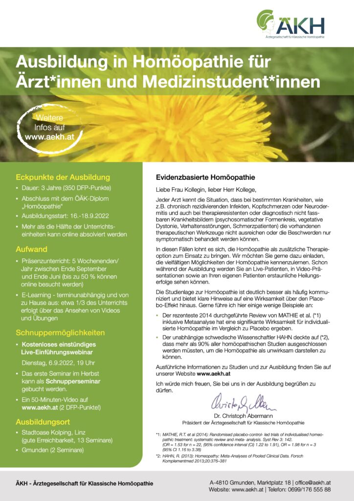 Ausblidung in Homöopathie für Ärzt:innen und Medizinstudent:innen